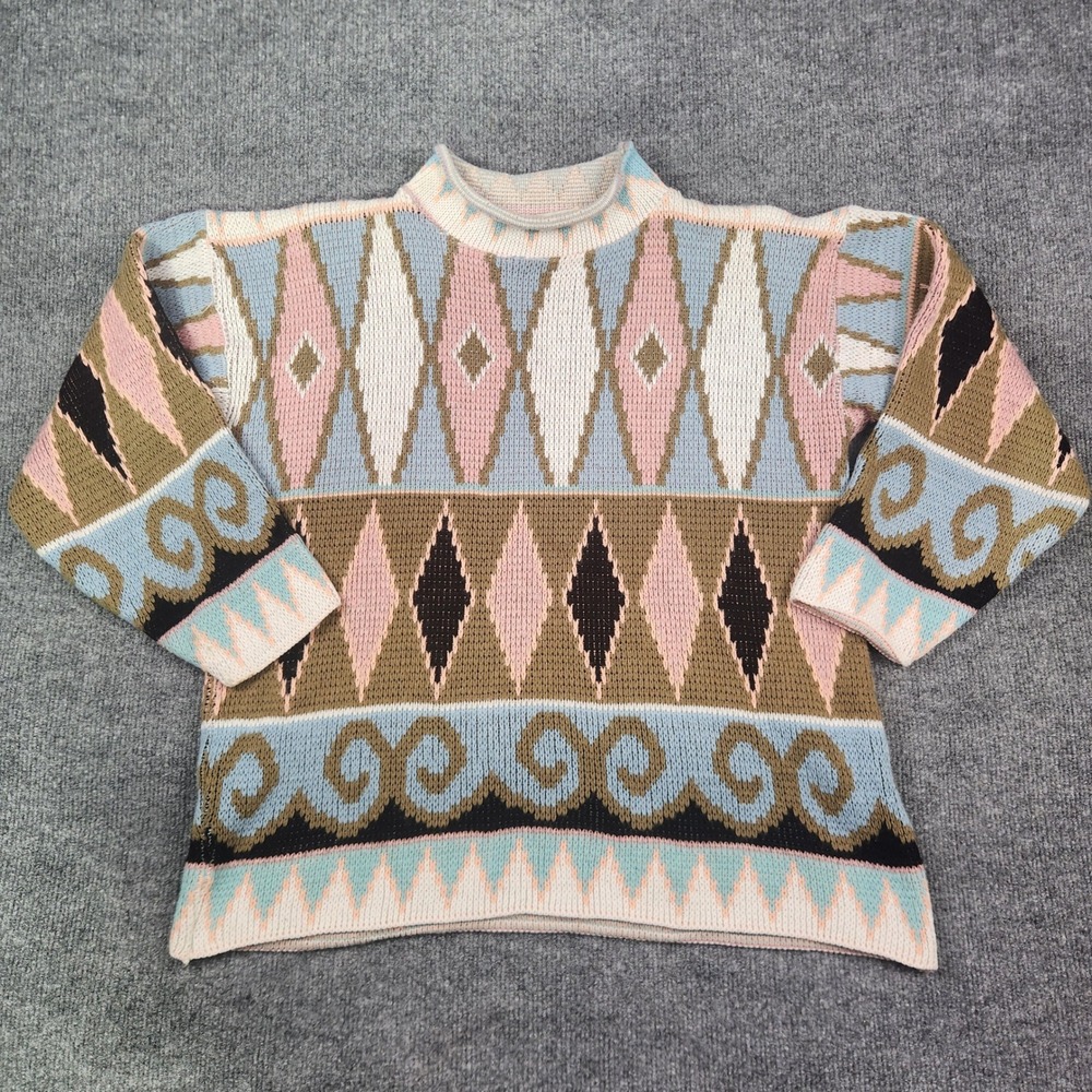 Vintage 1992 Croquet Club Geometric Argyle Mock Neck Sweater Blue Pink Large USA